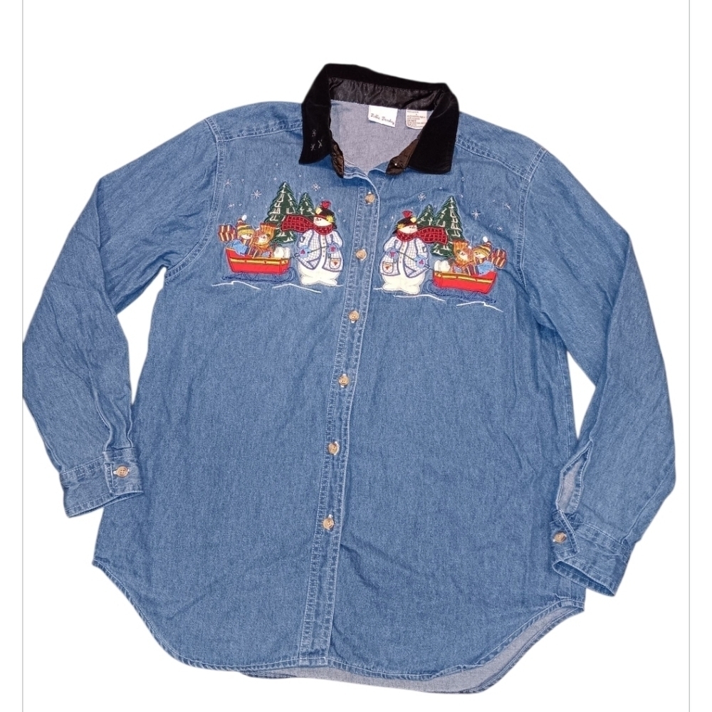Vintage Christmas Embroidered Denim Shirt Velvet Collar Snowman Sleigh Size L